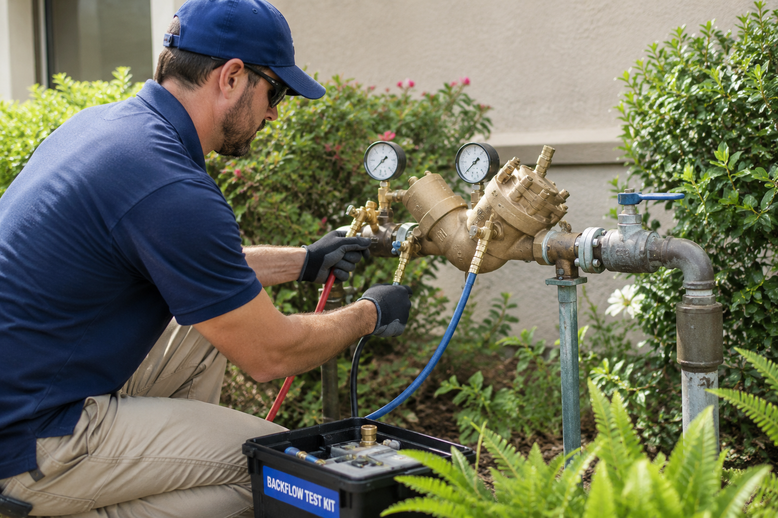 Technician testing outdoor plumbing system