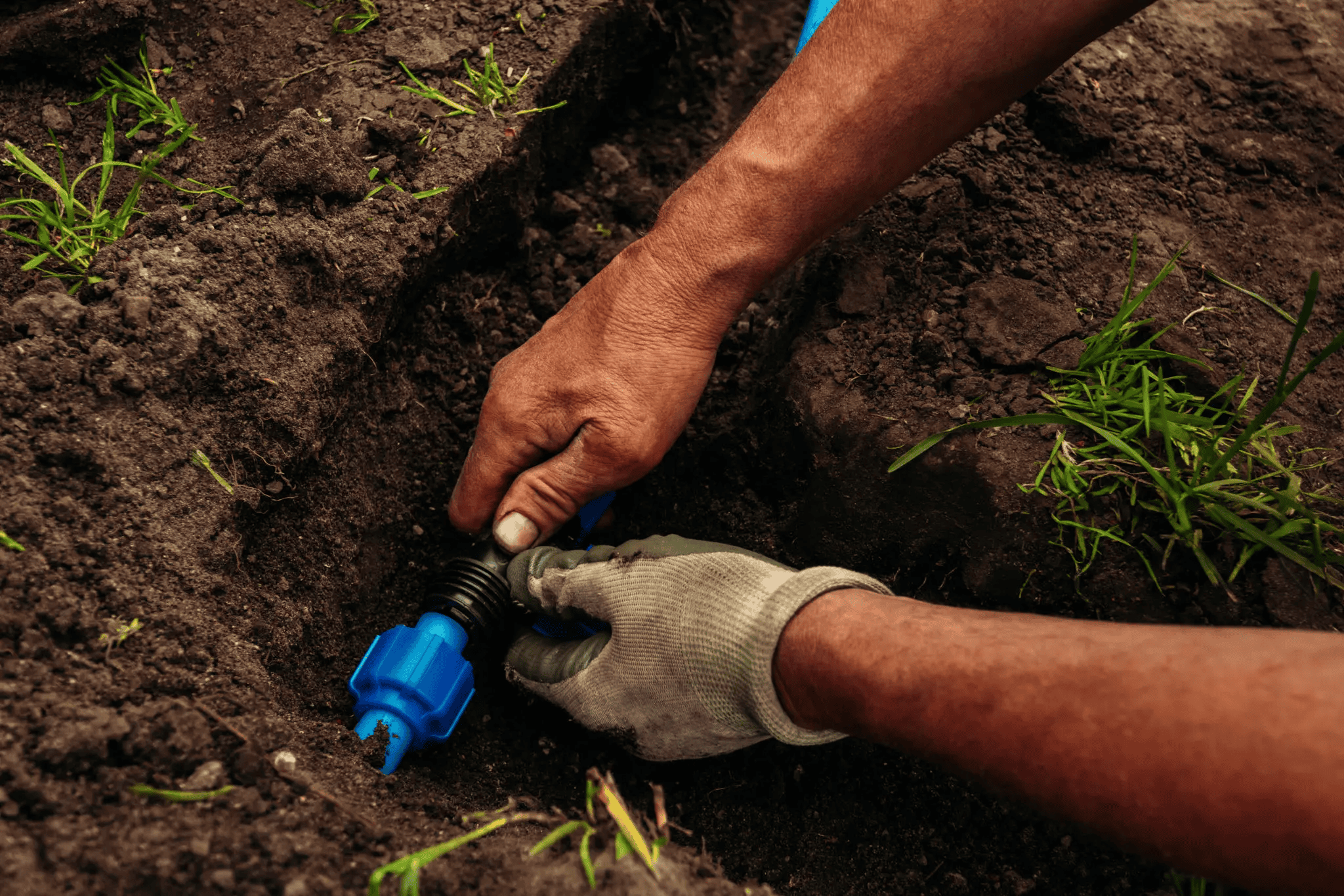 Hands installing garden irrigation system
