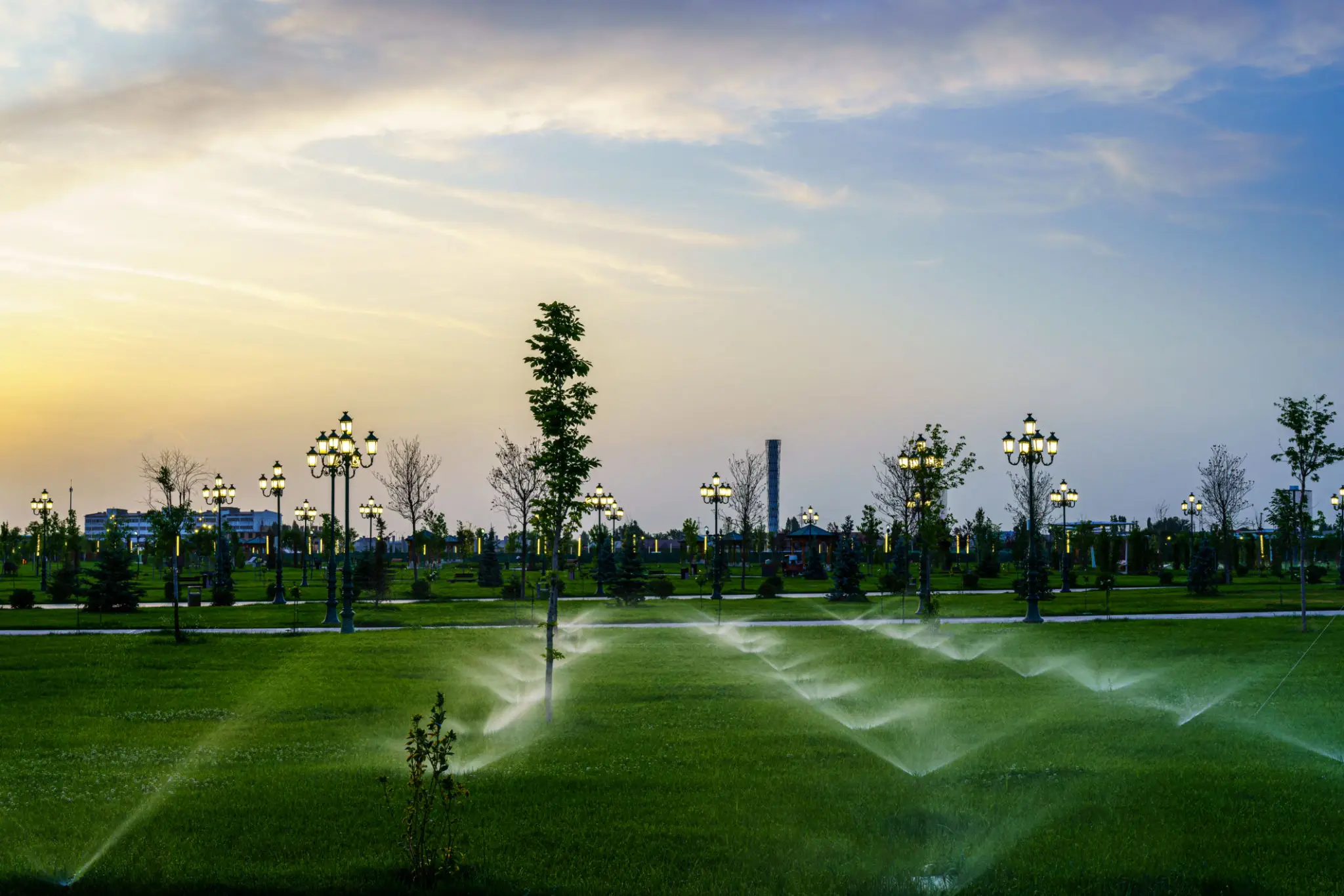 Park with green grass and sprinklers