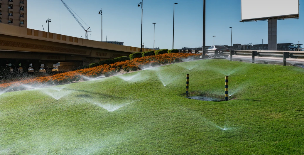 Urban grass with sprinklers on