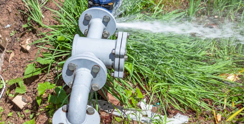 Burst pipe in garden setting